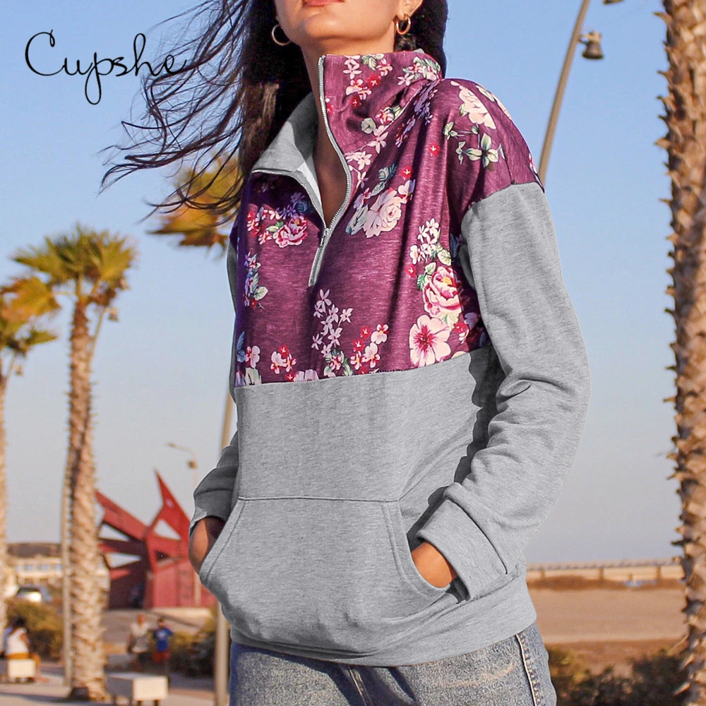 

CUPSHE Gray and Red Floral Zip Front Pullover Women Casual Long Sleeve Sweatshirt Top Autumn Harajuku Hoodies Sportswear