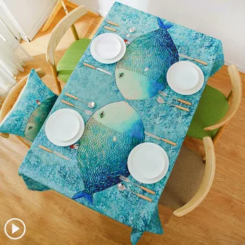 

JUSTCHIC Nordic Cartoon Fish Printed Cotton and Linen Tablecloth Waterproof Oil Proof Round Rectangular Children's Table Cloth