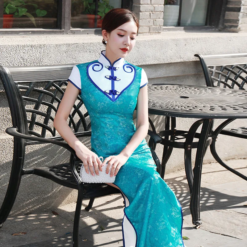 Сексуальное длинное платье Cheongsam на весну и лето в традиционном китайском стиле, женское платье Qipao с разрезом, вечерние платья на пуговицах, Vestido S-5XL