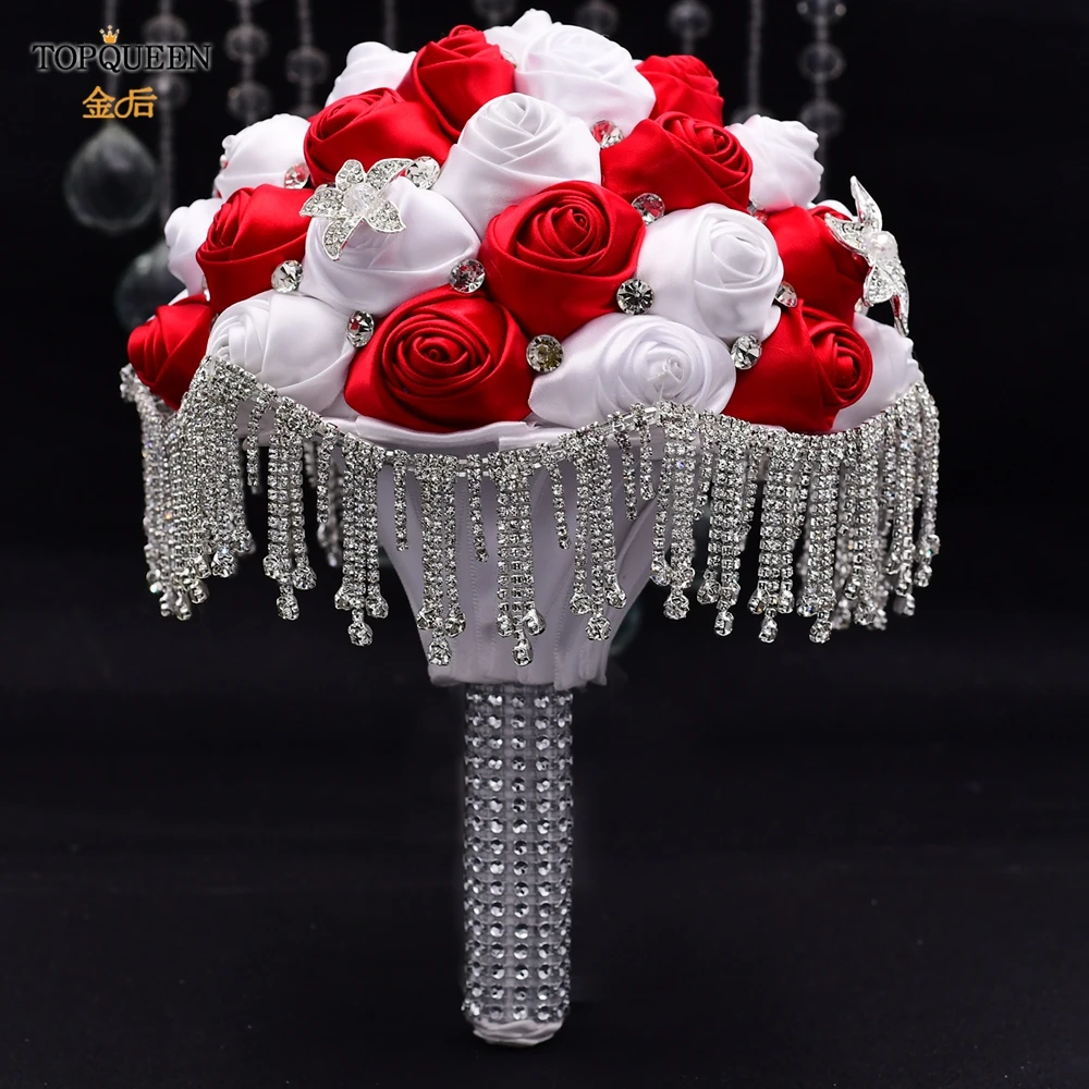 TOPQUEEN Bridal And Bridesmaid Bouquets Silk Roses Wedding Bouquets for Bridal Decoration Rhinestone Tassel Bouquet SF4-RBG