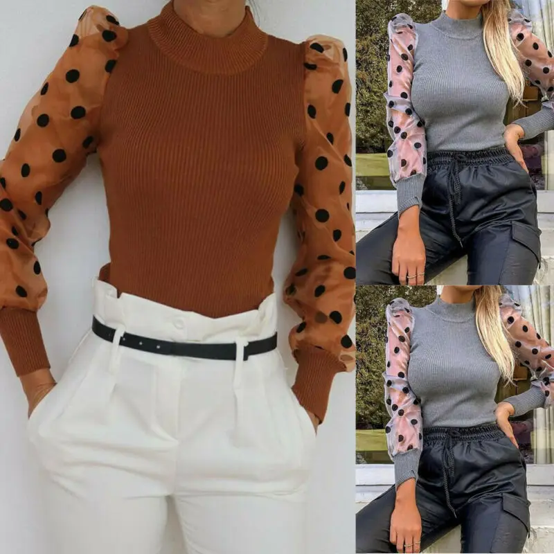 Осенняя блузка, Ретро стиль, женские топы в горошек, сетчатая блуза с длинным рукавом, Офисная Женская рубашка, повседневные женские рубашки, блузки