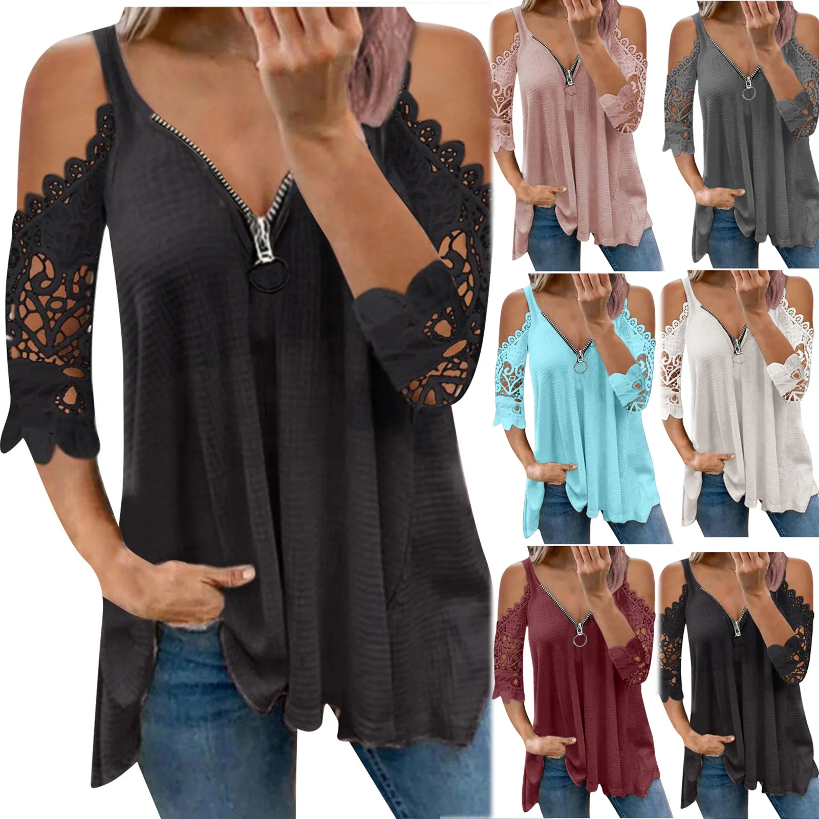 2021 Summer New Lace Petal Half Sleeve Zipper Ladies T-Shirt for women Oversize Off Shoulder V-Neck Loose Casual Top Tee Tunic 1