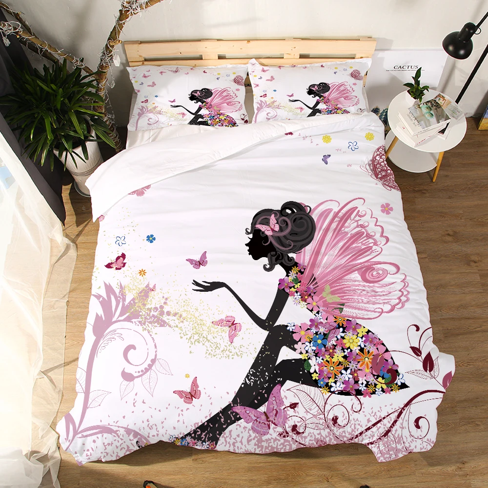 Miracille, Розовая фея, постельное белье, 3D печать, пододеяльник, наволочка, набор для девочки, спальное постельное белье, домашний текстиль, Твин, полный размер - Цвет: HTBS003-3