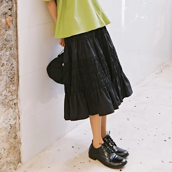 

XUXI 2020 Women Summer Half Body Skirt Black Pleated Midi Skirt Solid Color Fashion Pleated Big Swing Skirt FZ1332