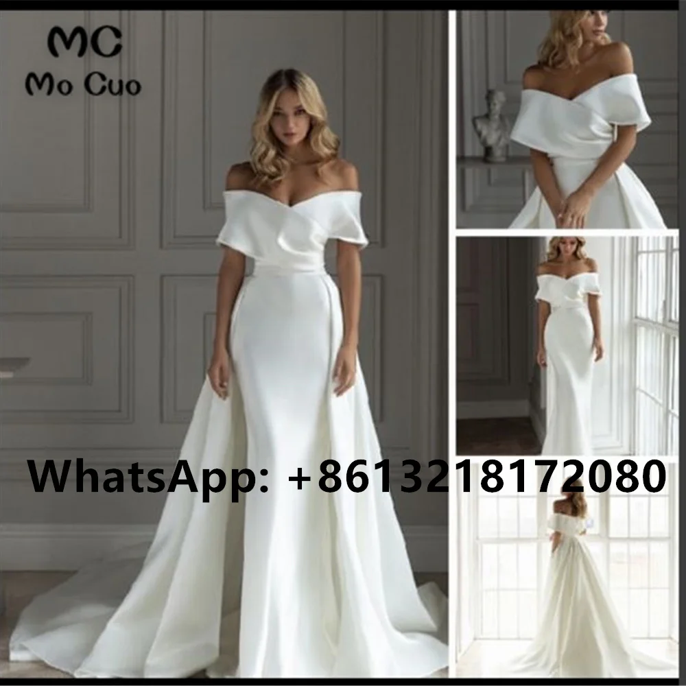 

2023 Off Shoulder Mermaid Wedding Dresses with Detachable Train Outdoor Elastic Satin Boho vestido de Sexy Bridal Gowns