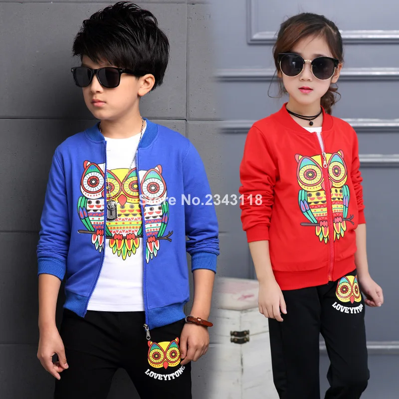 

Spring Children's Clothing Large Kids Suits For Boys And Girls Cartoon Owls Coat+t Shirtpant Kids 3pc Sets Free Shipping