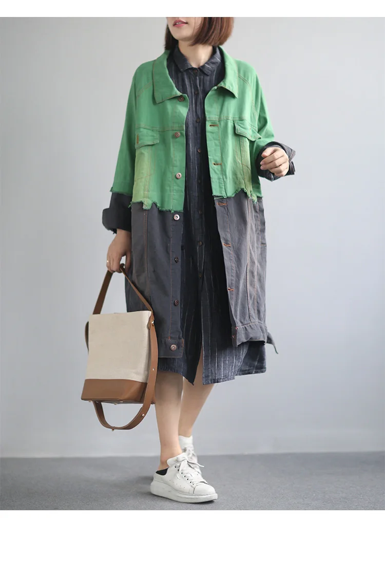 Qi Juan Draw Literature And Art Retro Casual Mid-length Washing Retro Mixed Colors Denim Windbreaker Women's Loose And Plus-size