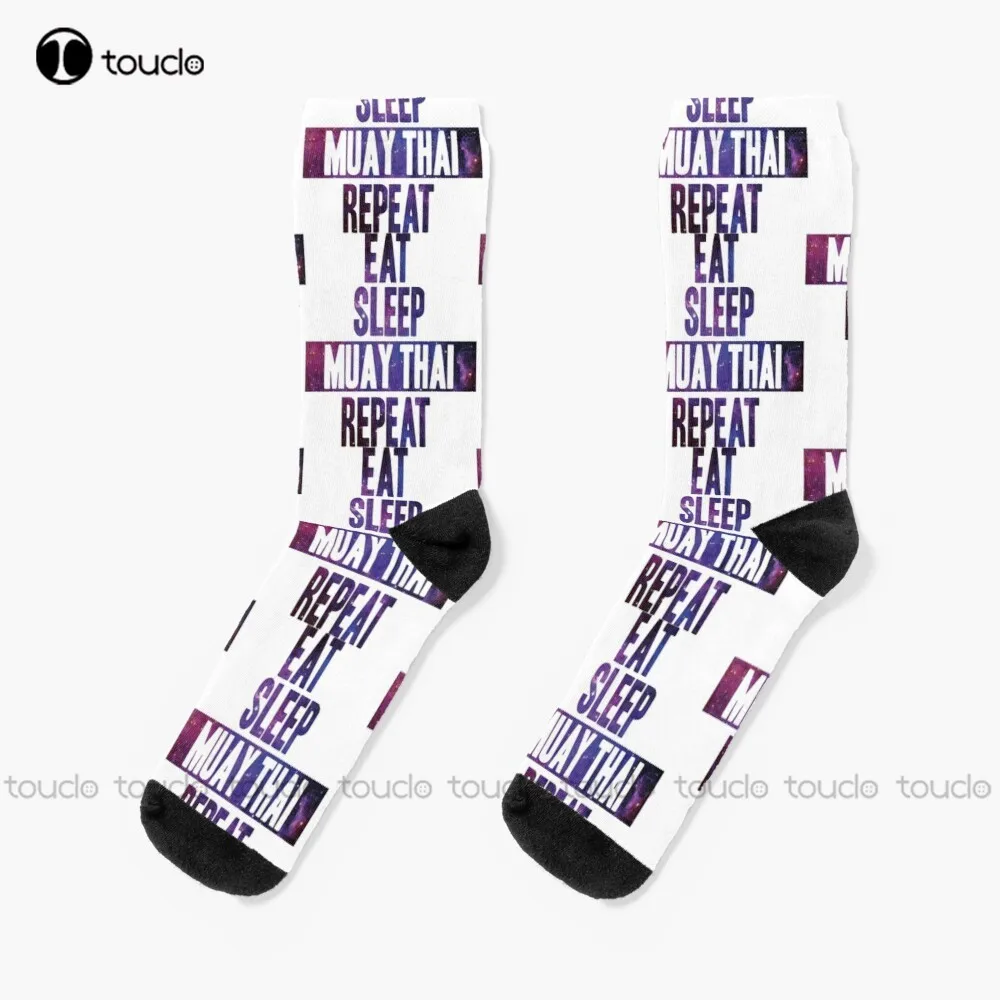 

Eat Sleep Muay Thai Repeat Socks Black Soccer Socks Personalized Custom Unisex Adult Teen Youth Socks 360° Digital Print Gift