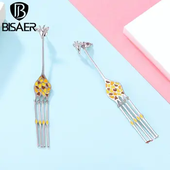 

Cute Animal Giraffe Yellow Long Neck Leg Animal Giraffe Long Drop Earrings for Women Fashion Silver Earrings Jewelry Brincos