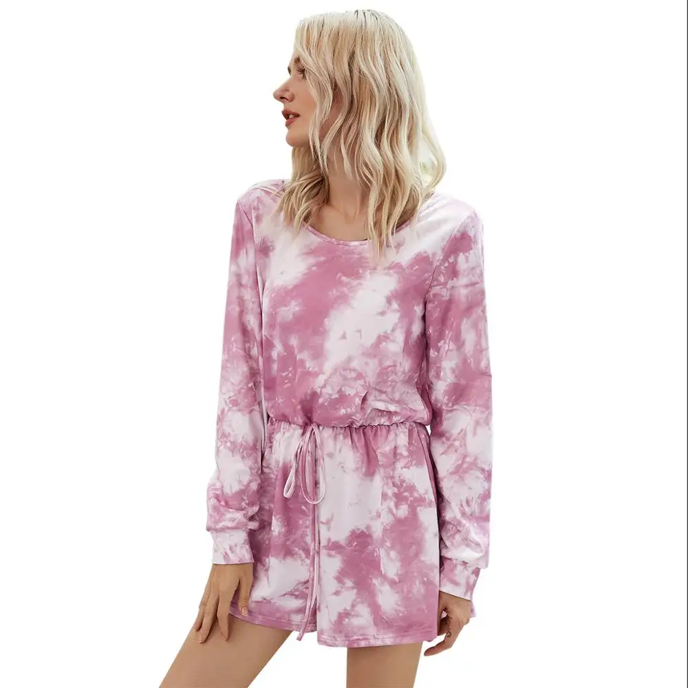 DOIB Women Tie Dye Print Jumpsuit Autumn Long Sleeve Playsuit Lace Up Casual Romper One-piece shorts Frenulum Motion Jumpsuit