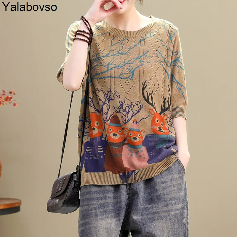

Women's Loose Vintage Round Neck Cartoon Printing Bottoming Tees And Tops Pullovers 2020 Spring Half Sleeve Cotton Sweater