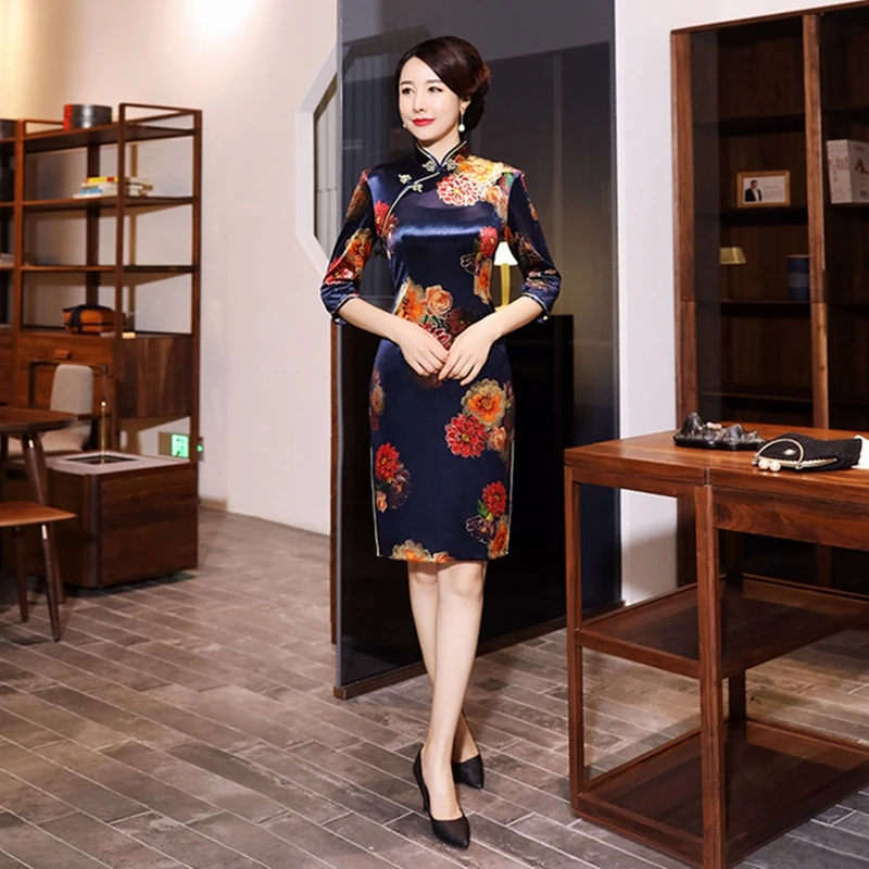 XL элегантный Улучшенный модный короткий рукав cheongsam с золотым бархатным принтом cheongsam женская Ретро короткая юбка - Цвет: style 1