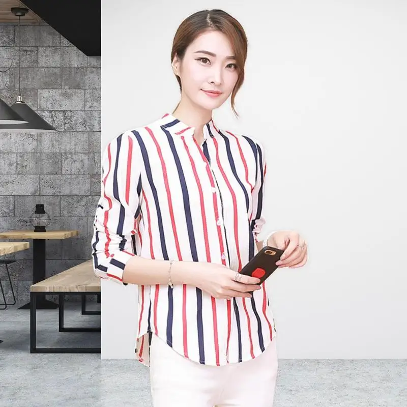 

Stand Collar Stripes Women Blouse Single-breasted Slim Long Sleeves Tops