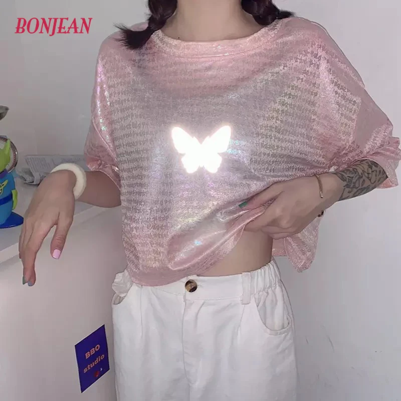2020 новые розовые футболки с принтом бабочки Светоотражающие топы свободного