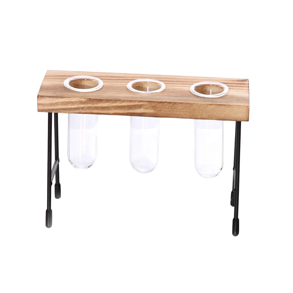 Clear Glass Vase Hanging Plant Terrarium with Retro Solid Wooden Stand for Hydroponics Plants Home Decor