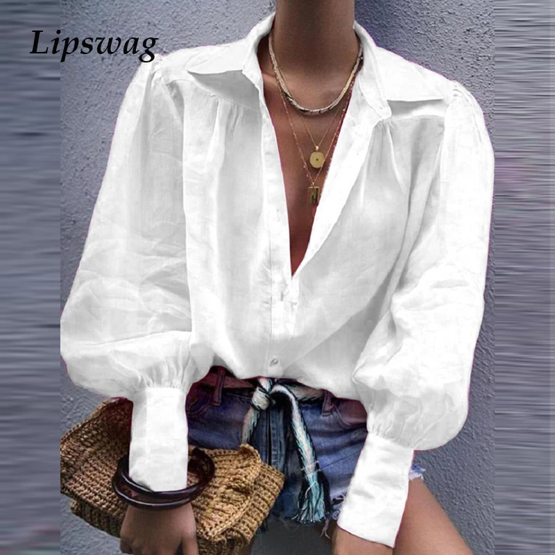 

Lipswag Autumn Elegant Notched Collar Button Blouse Women Lantern long Sleeve Tops Shirt Female Sexy Office Lady Work Blouse