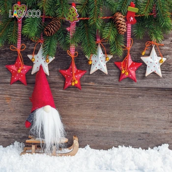 

Laeacco Christmas Backdrops Wooden Board Pine Branches Cones Stars Snow Santa Claus Sled Photography Backgrounds For Photo Shoot
