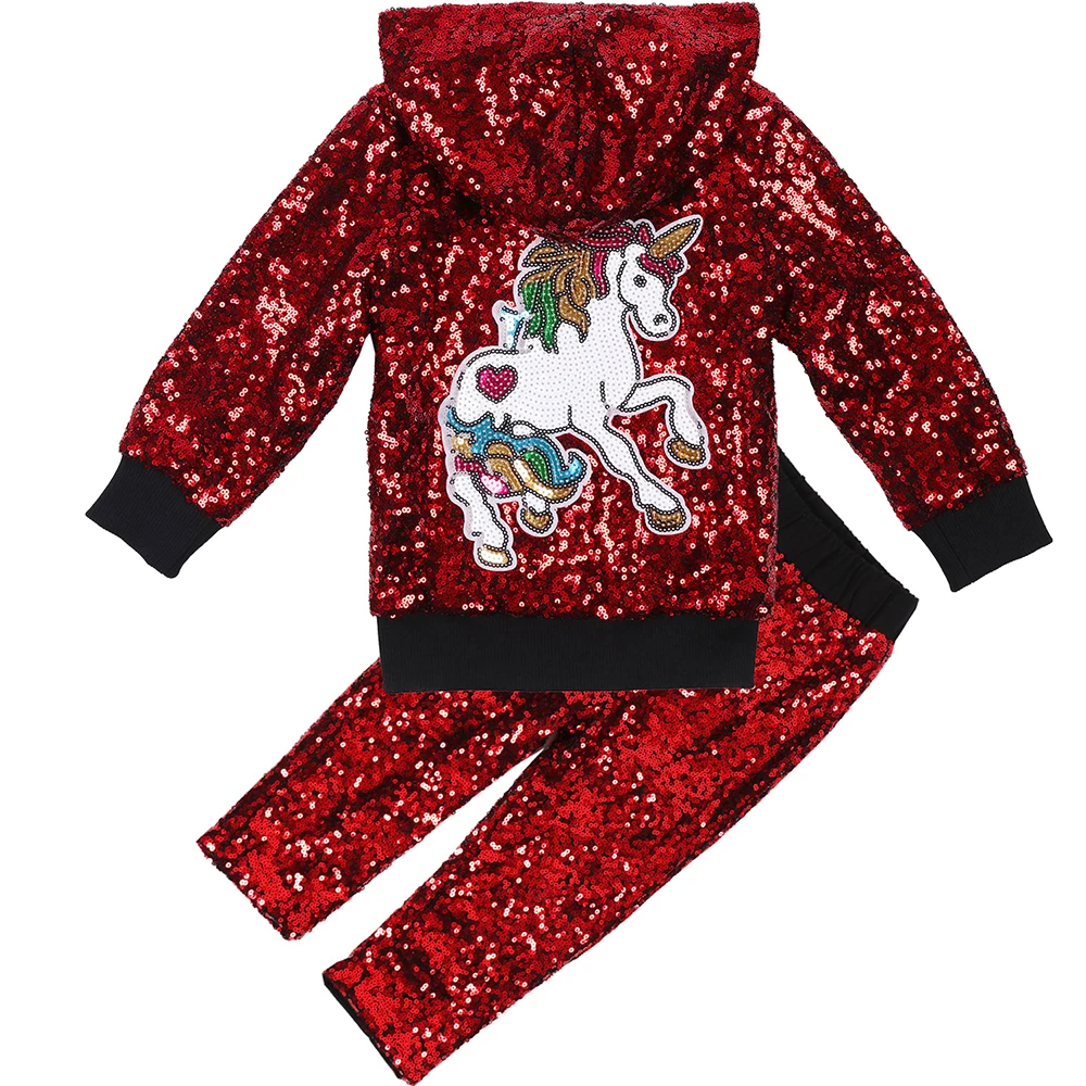 Baby Boys Girls Sequin Unicorn Jacket Hooded Suits with Pants Autumn Winter New Fashion Christmas Clothes for Toddler
