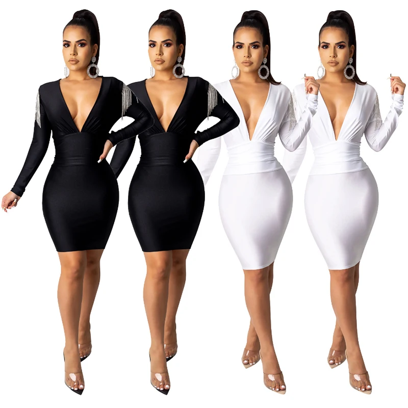 

Liva girl Solid Low Neck Sexy Bodycon Dress Long Sleeve Cross Basic Autumn 2019 Mini Club Dress Women