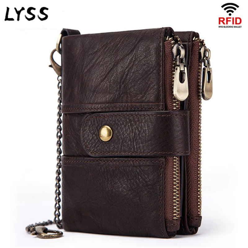 

RFID Anti-Theft Scan Men 100% Genuine Cow Leather Short Wallet Zipper Coin Case Pouch Casual Male Crazy Horse Money bag