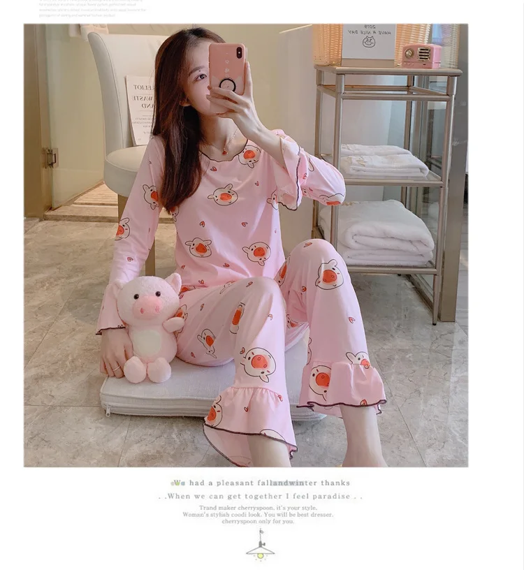 Wontive Autumn Women Long Sleepwear Suit Home Women Gift Female Sleepwear Cartoon female big plus size womens pajamas Sets