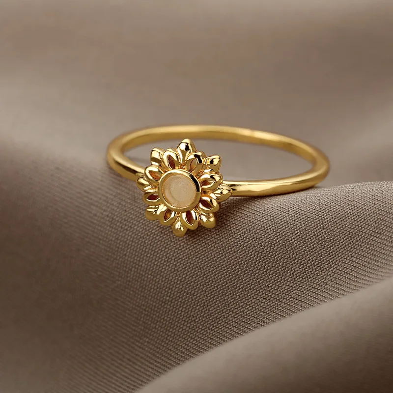Anel de Opala Vintage para Mulheres, Cor Dourada, Anéis de Flor de Lótus, Aço Inoxidável, Acessórios Floral para Dedos