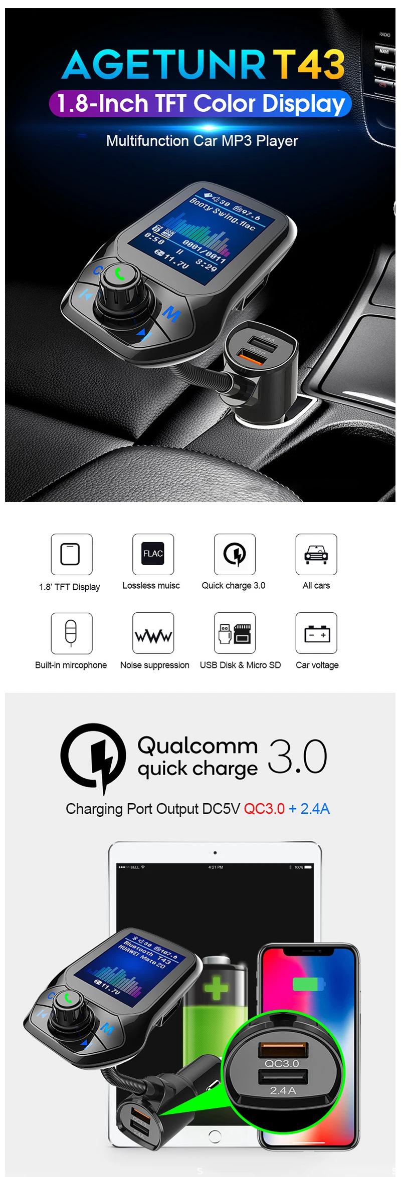 Яж автомобиля QC 3,1 Зарядное устройство 12/24V разъем Автомобильный MP3-плеер Bluetooth прикуривателя Зарядное устройство авто USB зарядка автомобиля ручной работы музыка