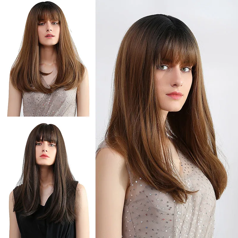 Long Straight Wig Heat Resistant Synthetic Fiber Dark Roots with Bangs Women Full Wig MH88