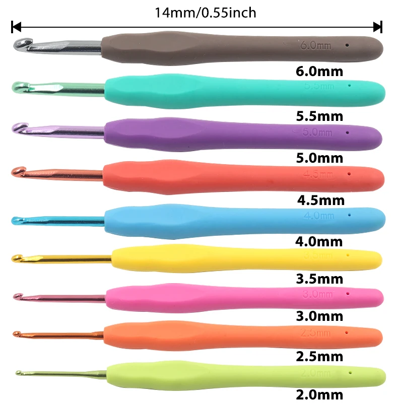 9 Pcs Color Soft Plastic Solid Handle Alumina Crochet Needle Set 2.0-6.0 mm Crochet  Sewing Needle Tool, Craft Yarn