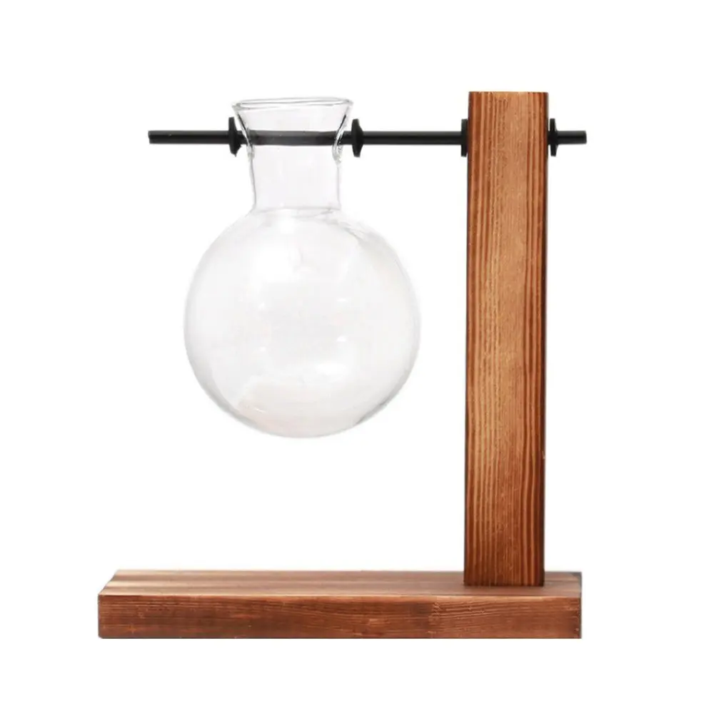 

Hydroponic Plant Vases Vintage Flower Pot Transparent Vase Wooden Frame Glass Tabletop Plants Home Decoration