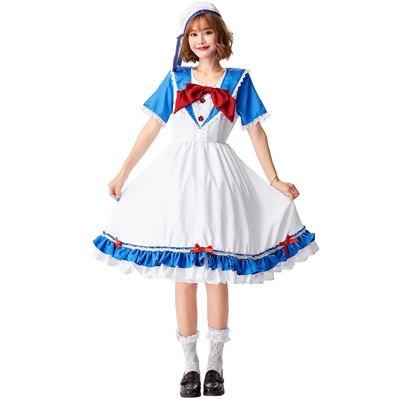 

Japanese Sweet Woman Dress Chic Sailor Collar Puff Sleeve Vestidos Female Robe Lolita OP Dress Cute Women's Dresses