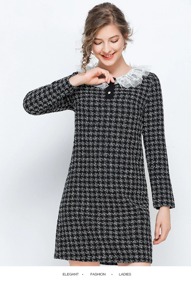 Платье в клетку размера плюс, осень-весна, 5xl-L, твид, длинный рукав, черное, повседневное, элегантное, прямое, женское платье с белым воротником