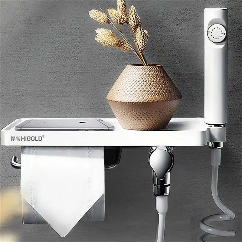 

HIGOLD Multi-function Tissue Rack Roll Paper Holder with Spray Head Wall Mount Toilet Organizer for Bathroon Kitchen Using