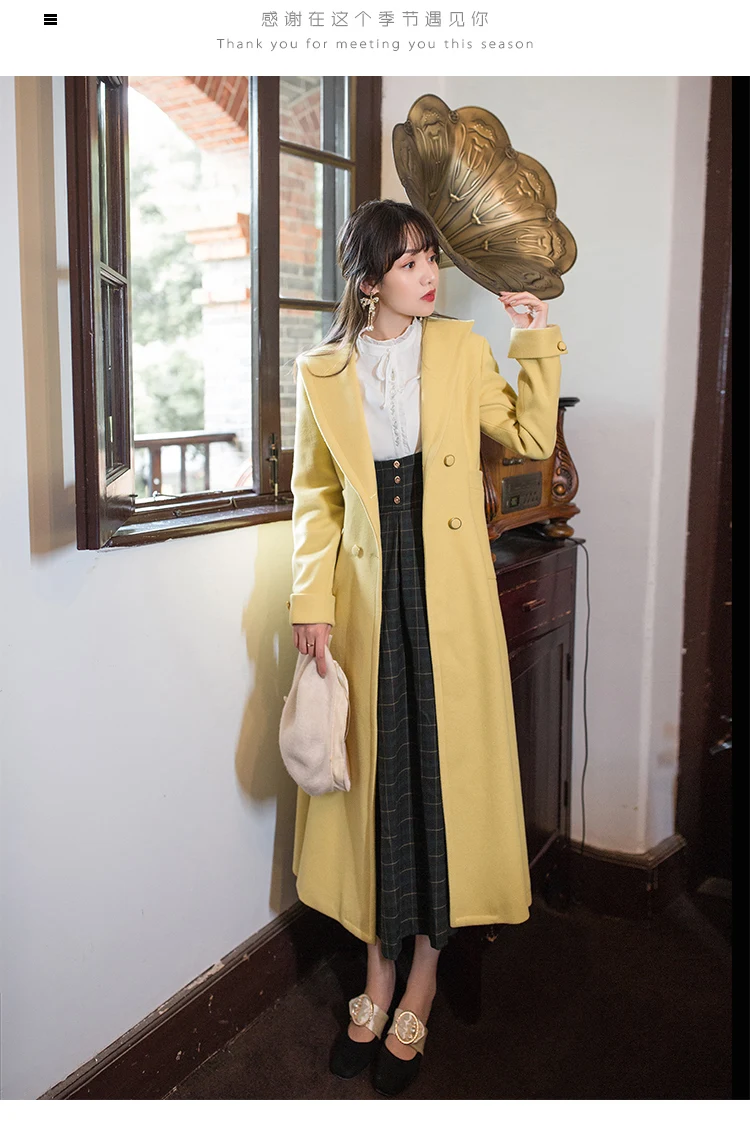 YOSIMI Winter Wool Coat Women Woolen Coat Turn-down Collar with Hooded Full Sleeve Long Coat Jacket Double Breasted Midi