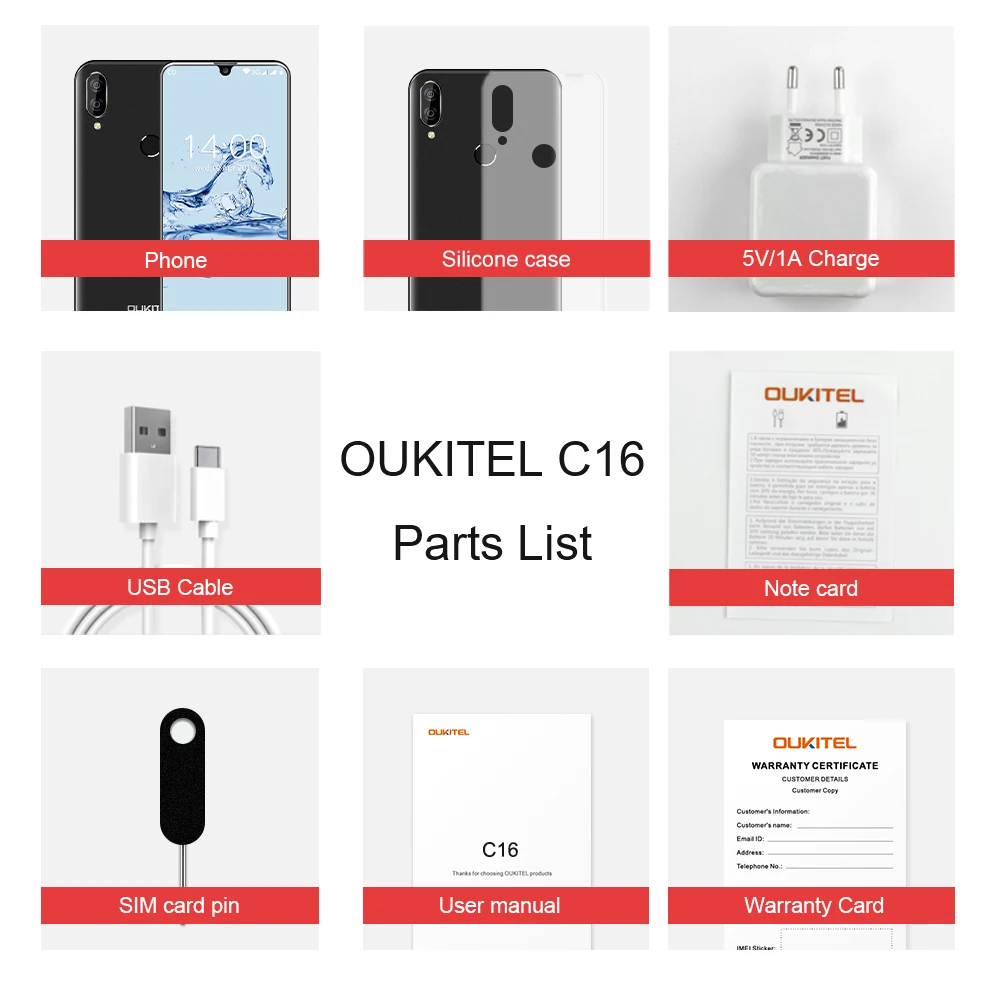 Смартфон OUKITEL C16 5,71 ''19:9 2GB 16GB Android 9,0 MT6580P экран капли воды 5 V/1A 2600mAh отпечаток пальца лица ID мобильный телефон