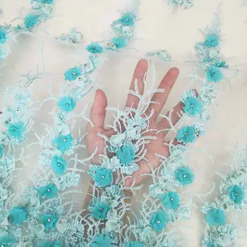 

Hand Craft 3D Flower Applique Beaded Embroidery Lace Fabric Factory Price Blue Good Quality Fashion Mesh For Party Dress 5 Yard