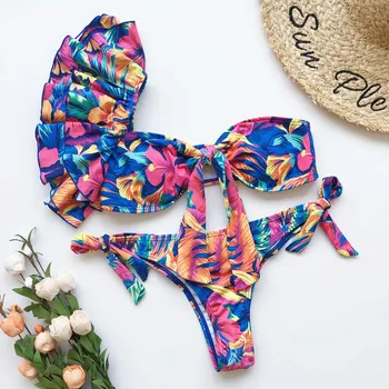 

Mossha One shoulder Brazilian bikini thong swimsuit female Ruffle bathing suit 2020 Floral print swimwear women Knot biquini new
