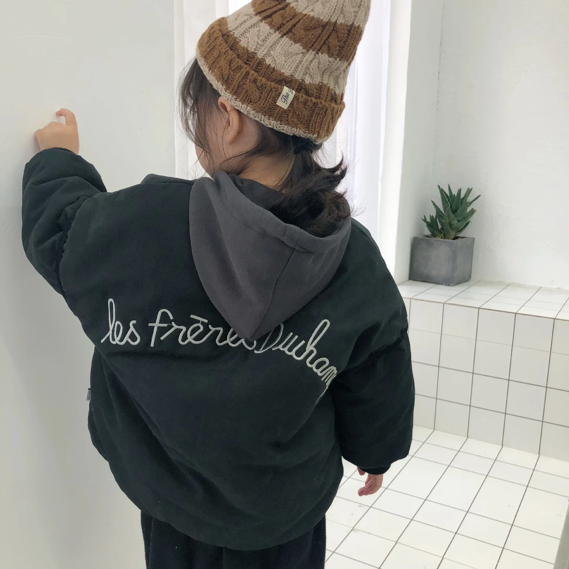 

Kids Baby Single Breasted Coat Pure Color Toddler Girl Round Neck Jacket Embroidery Letters Children Kids Baby Thicken Warm Coat