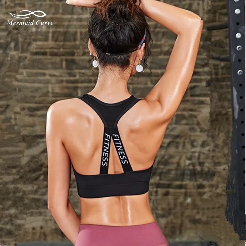

Mermaid Curve Back Letter Shoulder Strap Patchwork Sports Bra Women Breathable Fitness Stretch Underwear Push Up Gym Yoga Bras