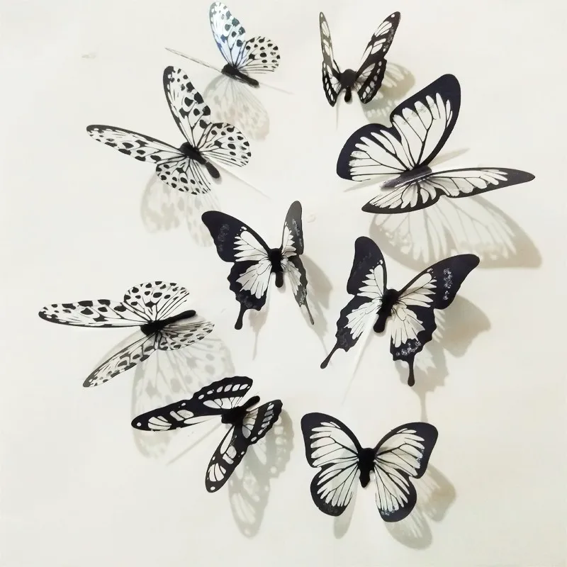 18 шт. черно-белые 3d эффект хрустальные бабочки Красивые стикеры на обои бабочки для детской комнаты переводки украшение для дома