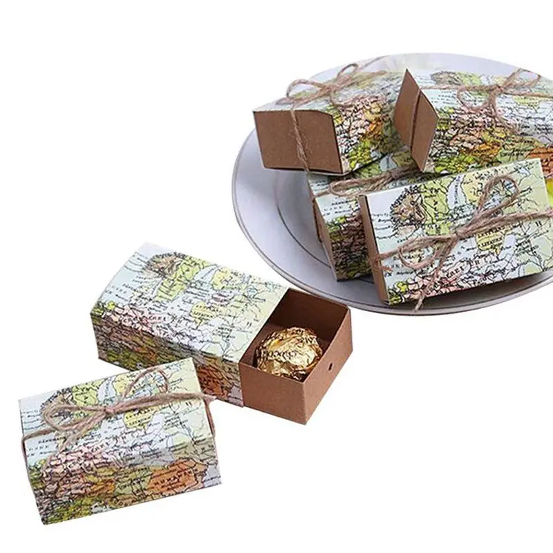 

50 Pcs Around the World Map Favor Boxes Vintage Kraft Favor Box Candy Gift bag for Travel Theme Party Wedding Birthday Bridal Sh