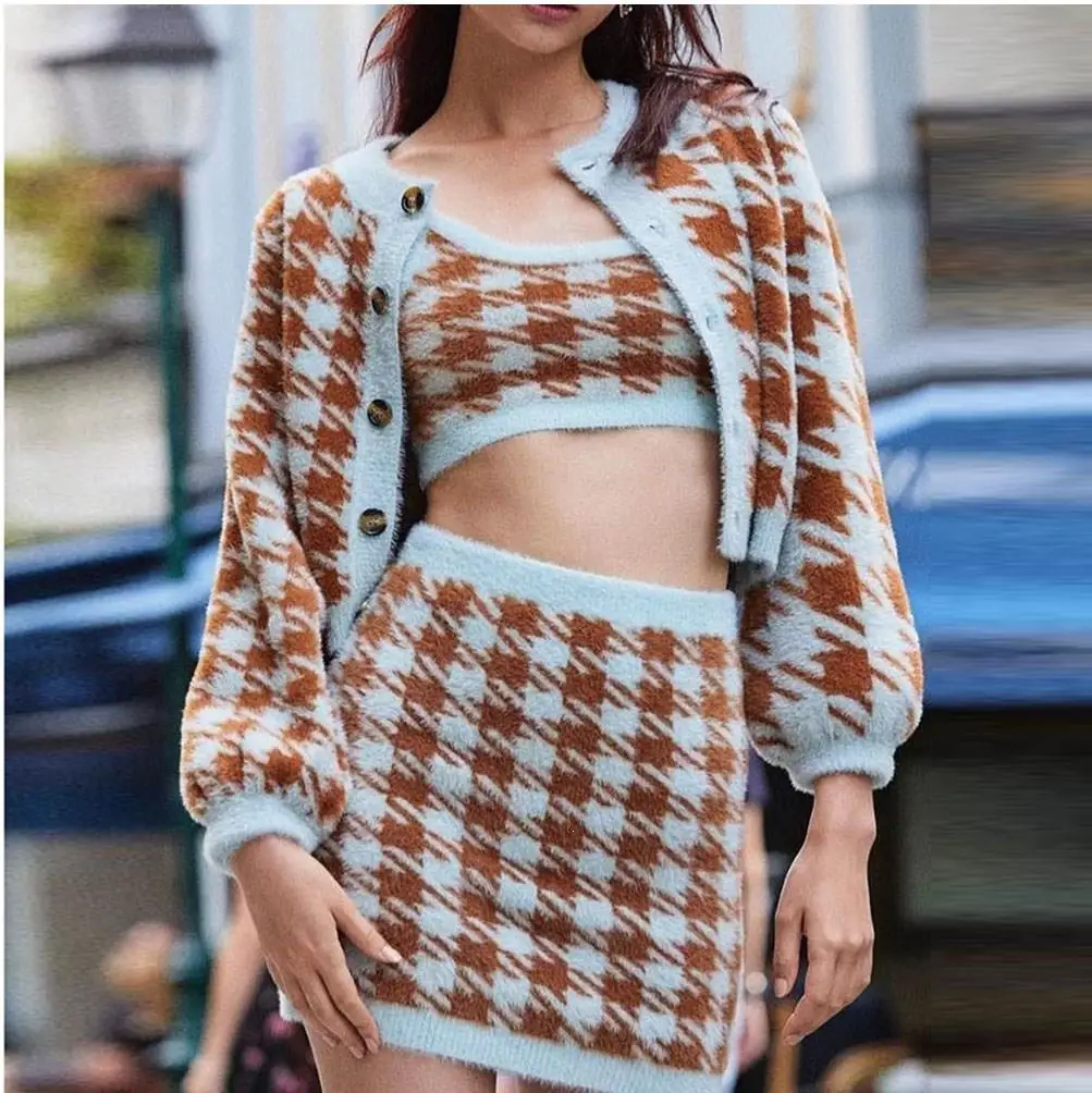 

Vintage Sexy Print 3 Pieces Set Short Women Knitted Coat Jakcet Cardigan Vest Bodycon Skirt Suit Women's Sets