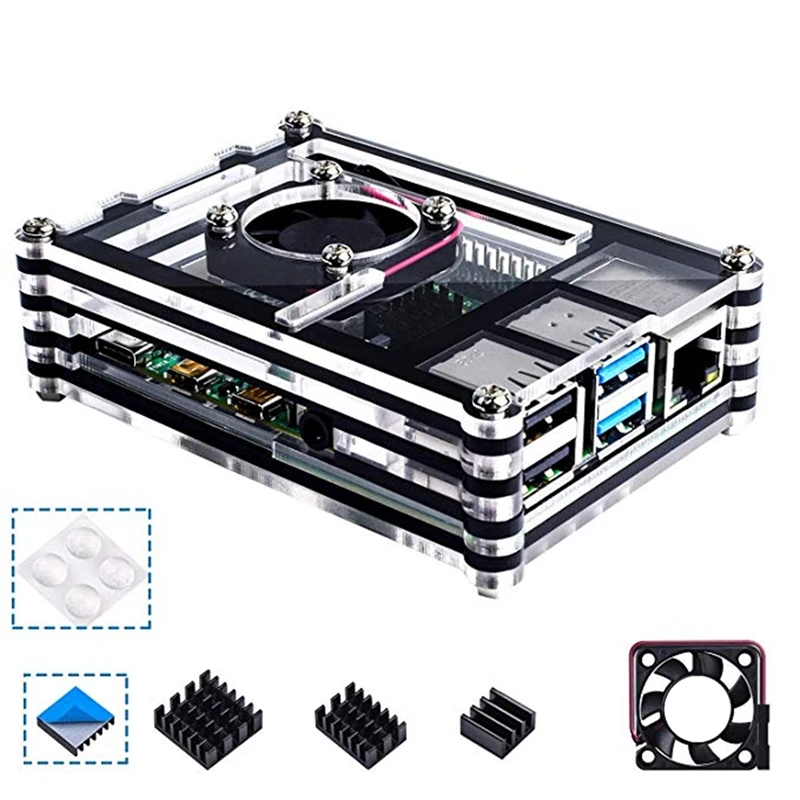 Для Raspberry Pi 4B акриловый корпус, радиатор, охлаждающий адаптер вентилятора Pi 4 B комплект аксессуаров