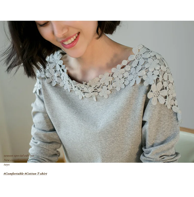 Plus Size M-4XL Female T-shirt Long Sleeve Lace Winter T-shirts For Women Slashneck Side Pleated Cotton Casual Top Tee Camisetas