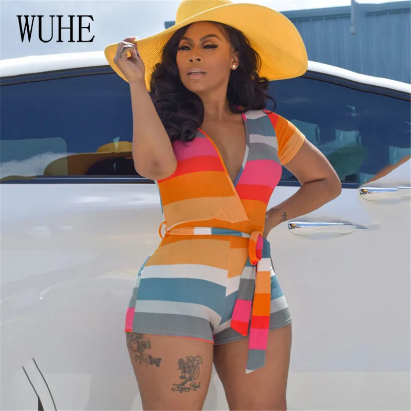 

WUHE Women V-neck Short Jumpsuits Fitness Sashes Striped Print Rompers Sexy Night Club Party Playsuits Summer Skinny Bodysuits