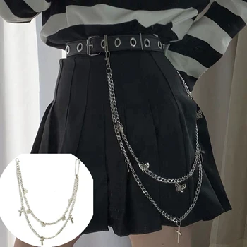 

2 Layers Buttrfly Punk Hook Belt Pants Waist Belt Metal Wallet Silver Chain Hip Hop Chain Belts for Women Pants Accessories