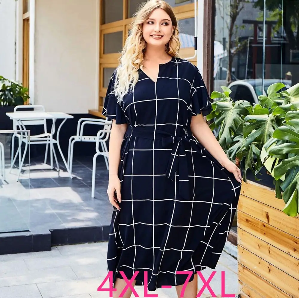 new summer plus size long dress for women loose casual large V neck plaid falbala dresses belt black 4XL 5XL 6XL 7XL