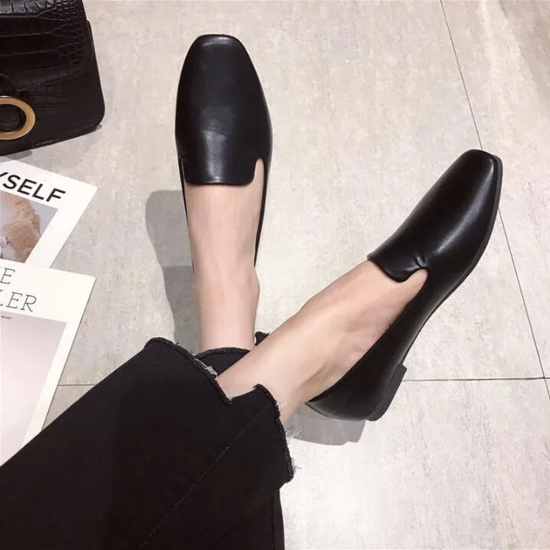 Spring Flats Basic Shoes Women Loafers Synthetic Leather Fashion Square Toe Slip-On Lady Flats Leather Single Shoes