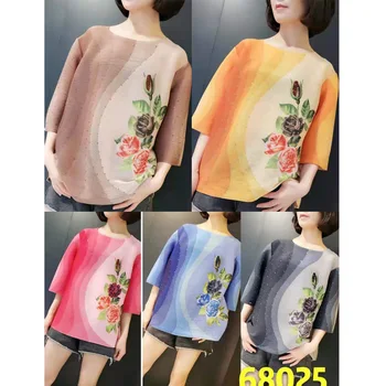 

Autumn new Korean style loose print top MIYAKE pleats tshirt free shipping