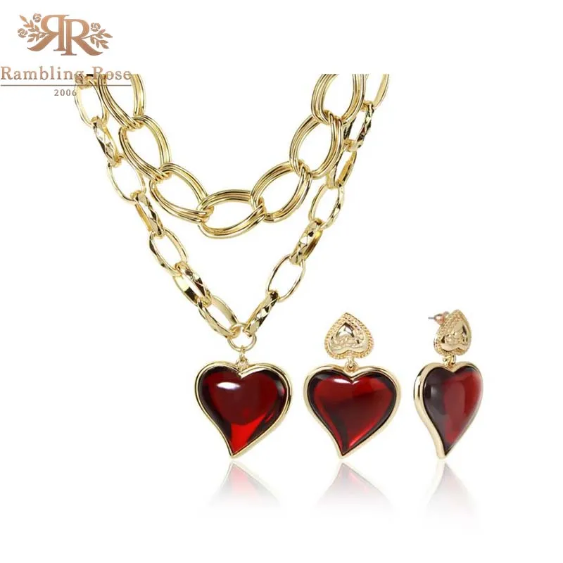

Boho Fashion ZA Jewelry Sets For Women Red Heart Crystal Earrings Choker Statement Necklace Wedding Party Gifts Trendy Bijoux